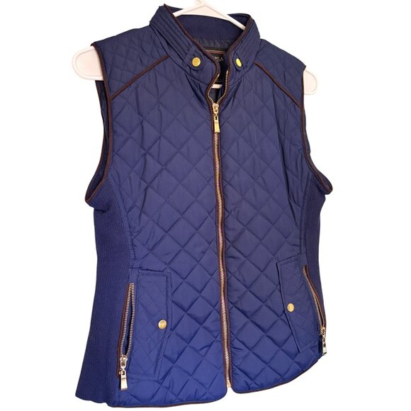Active USA Womens Quilted Navy Vest Size S W/ Gold Zipper & Snap Details Sharp - Picture 1 of 9